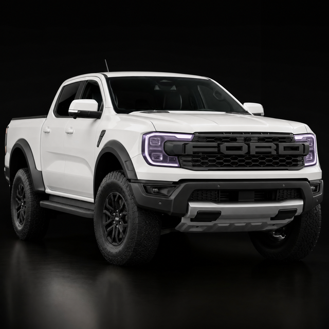 Pre-cut headlight protection film shown tinted lilac on the headlights of a white Ford Ranger Raptor