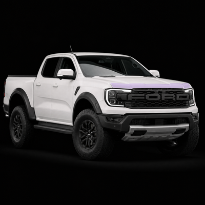 Pre-cut bonnet protection film strip shown tinted lilac on the leading edge of a white Ford Ranger Raptor