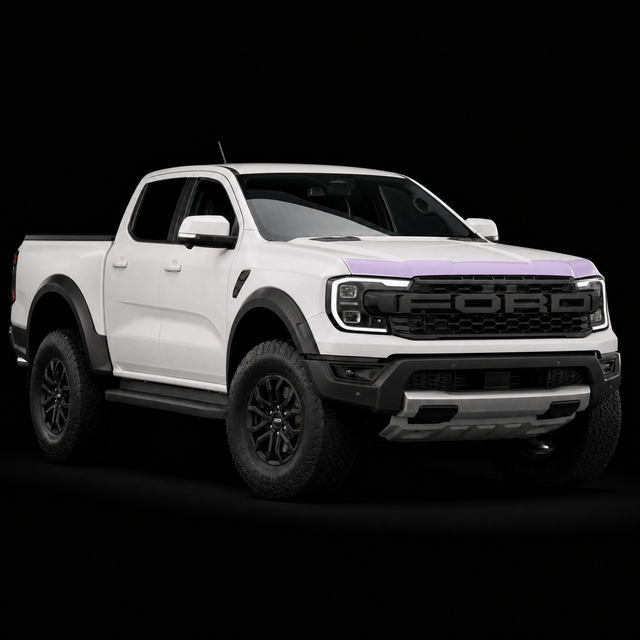 Pre-cut bonnet protection film strip shown tinted lilac on the leading edge of a white Ford Ranger Raptor