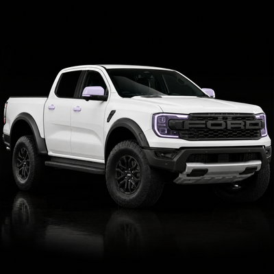 White Ford Ranger Raptor with the Essentials Bundle areas — headlights, mirror caps and door cups — shown in translucent lilac film