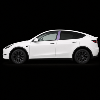 Pre-cut B-pillar protection film shown tinted lilac on the B-pillar of a white Tesla Model Y