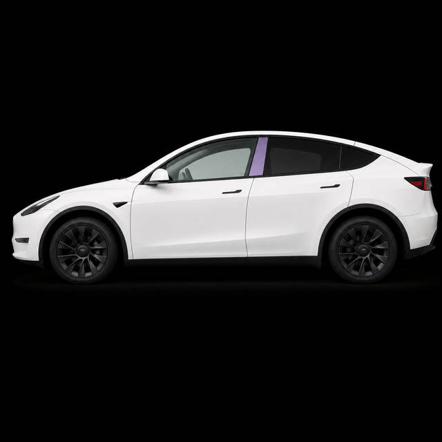 Pre-cut B-pillar protection film shown tinted lilac on the B-pillar of a white Tesla Model Y