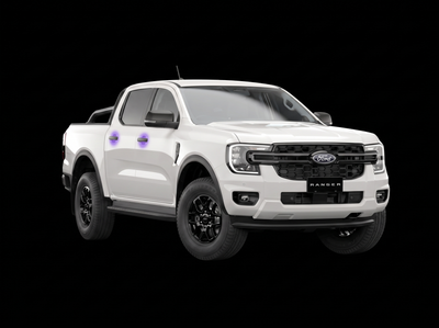 Pre-cut door handle cup protection film shown tinted purple on the door handles of a white Ford Ranger
