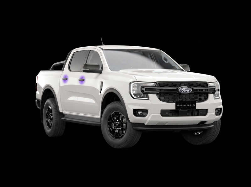 Pre-cut door handle cup protection film shown tinted purple on the door handles of a white Ford Ranger