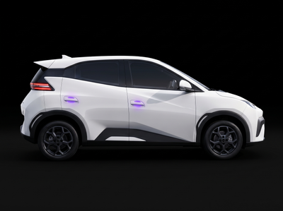 Pre-cut door handle cup protection film shown tinted purple on both door handles of a white BYD Atto 1