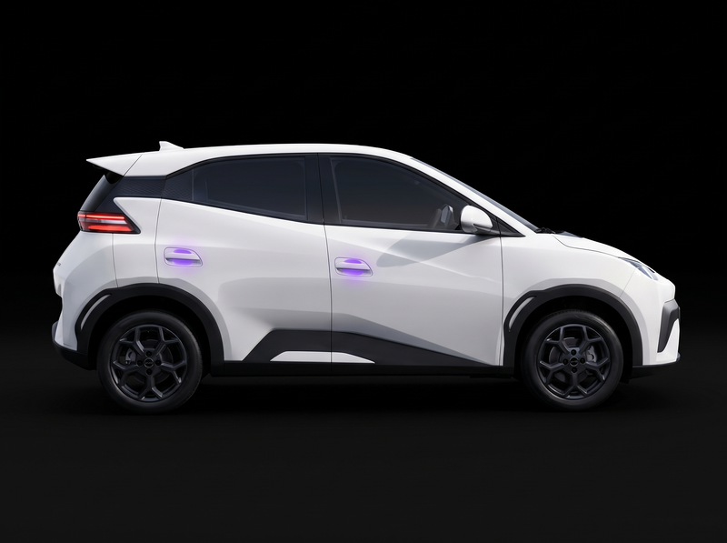 Pre-cut door handle cup protection film shown tinted purple on both door handles of a white BYD Atto 1